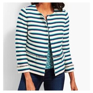 Talbots Striped Fringe Jacket Women’s 14 White Teal Blue Cotton Office Chic